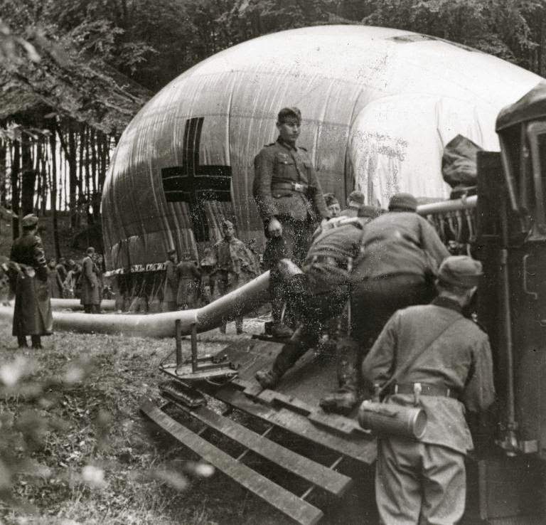 German soldiers preparing an observation balloon in a forest, 1939