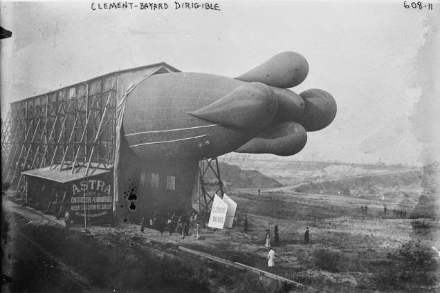 Clément-Bayard dirigible in a shed in France.