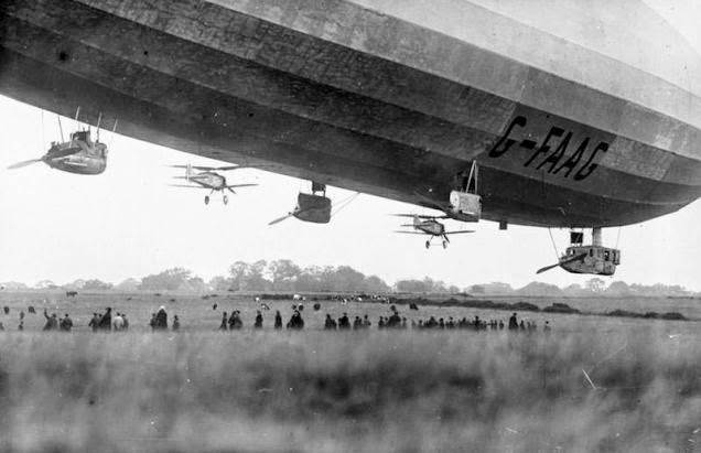 Gloster Grebe fighter planes tethered to the British Royal Navy airship R33, 1926