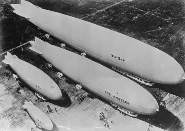 USS Akron, USS Los Angeles, Goodyear RS-1, and Pony Blimp on the ground.
