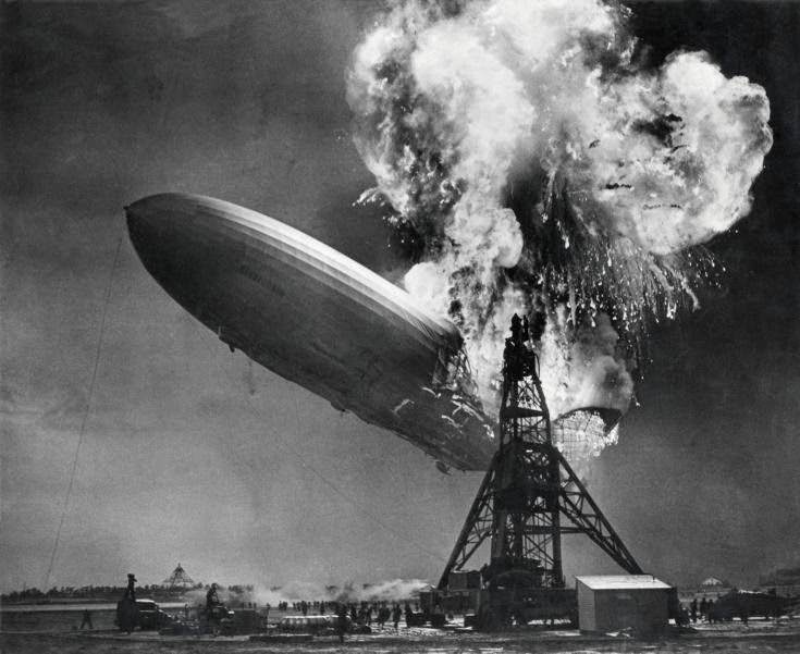 Hindenburg on fire at the mooring mast in Lakehurst, New Jersey, 1937