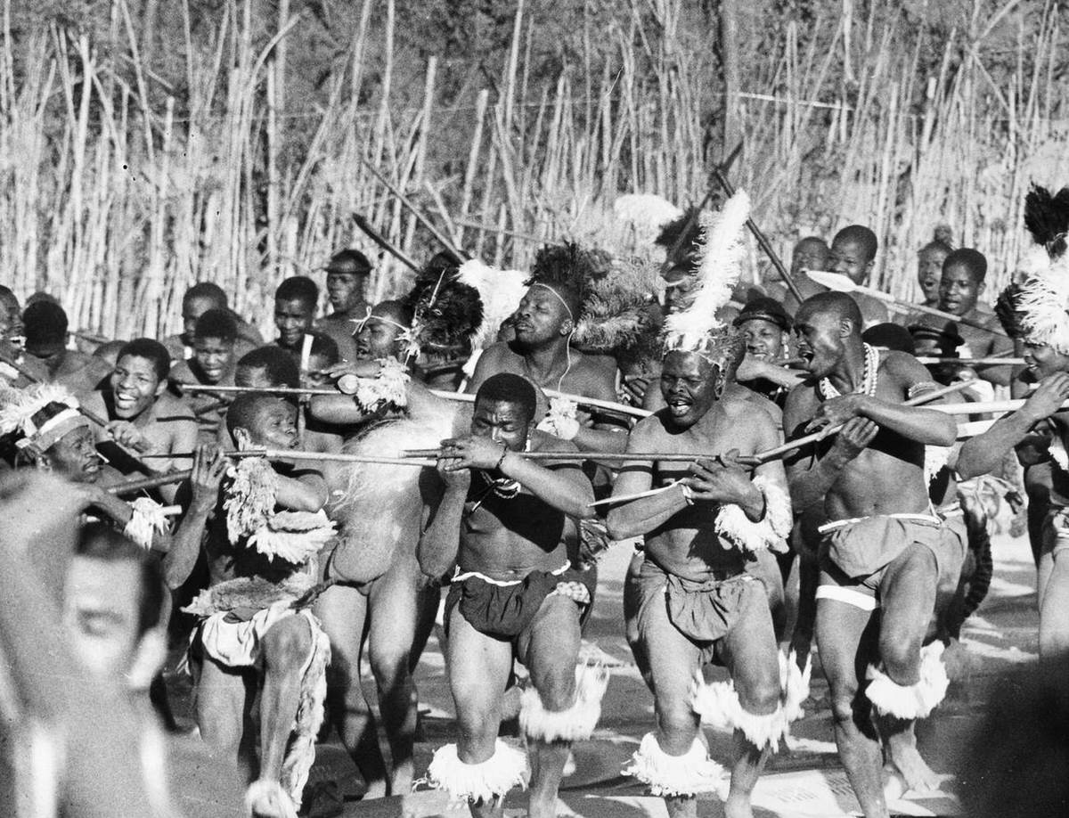 Zulu warriors rehearsing a dance for the film Zulu, 1964