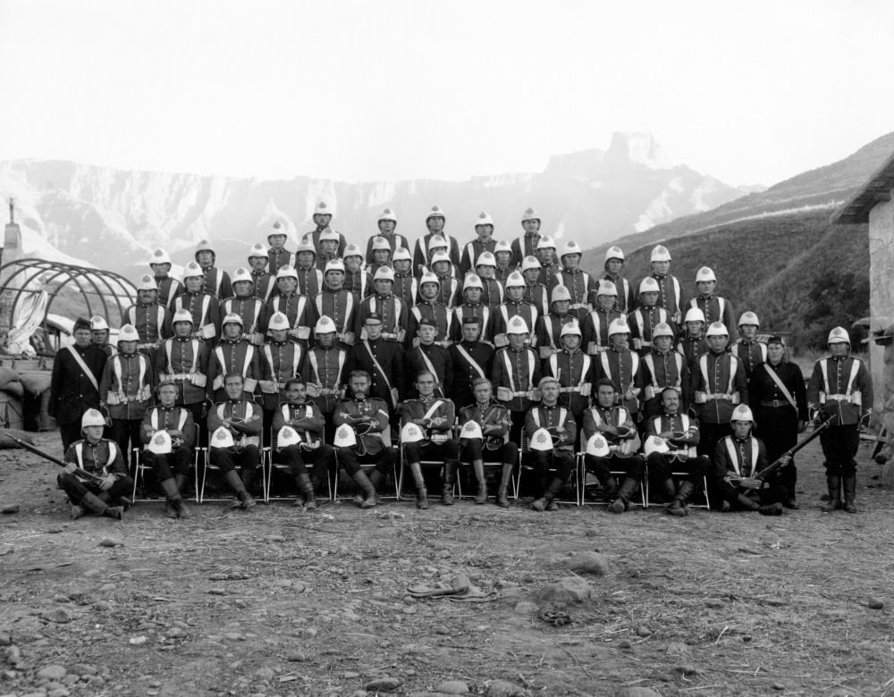 Say ‘cheese’! A group portrait of the actors playing the British army regiment who find themselves struggling to fend off an attack from 4,000 Zulu warriors at Rorke’s Drift.