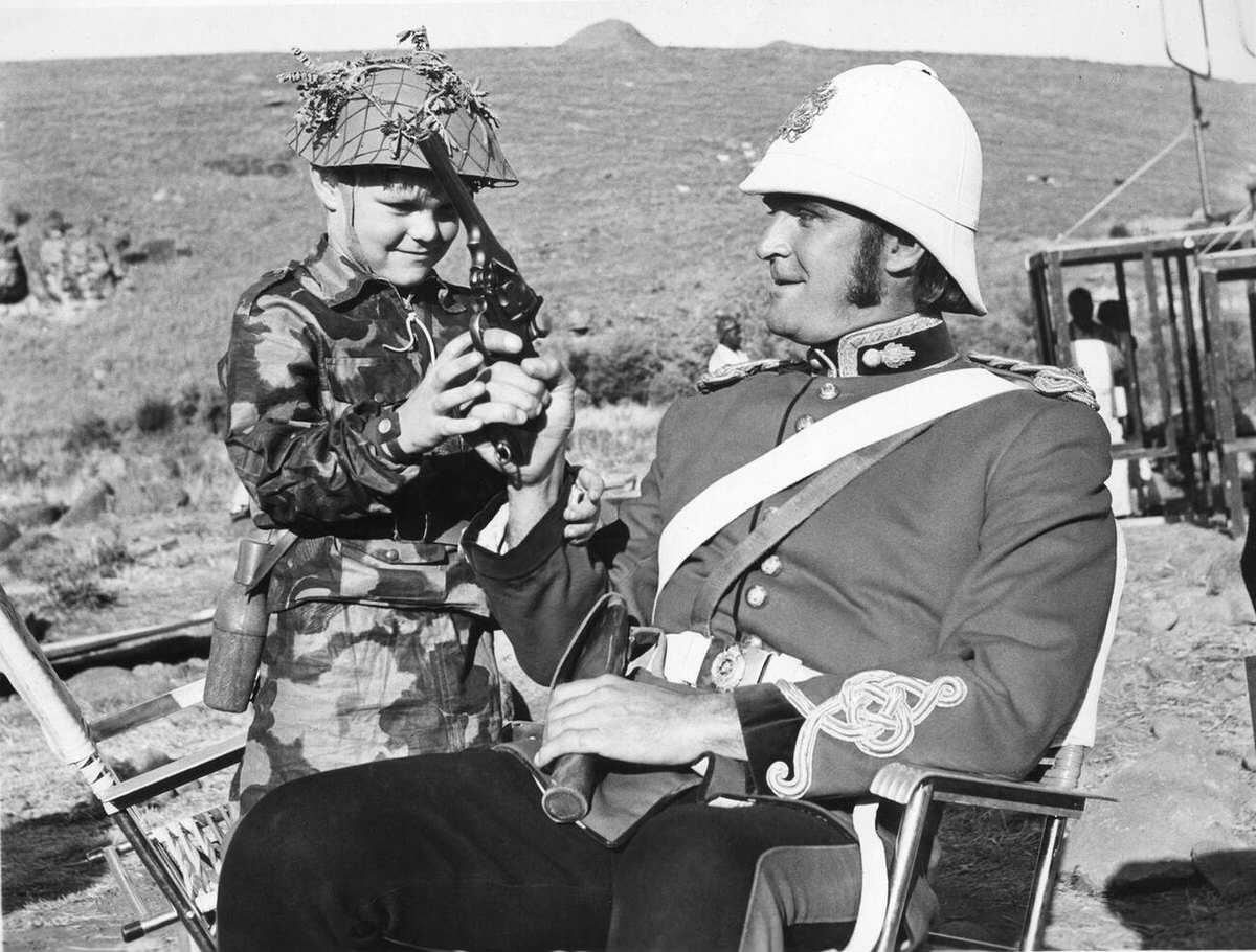 Stanley Baker and his son Glyn on set, Zulu, 1964