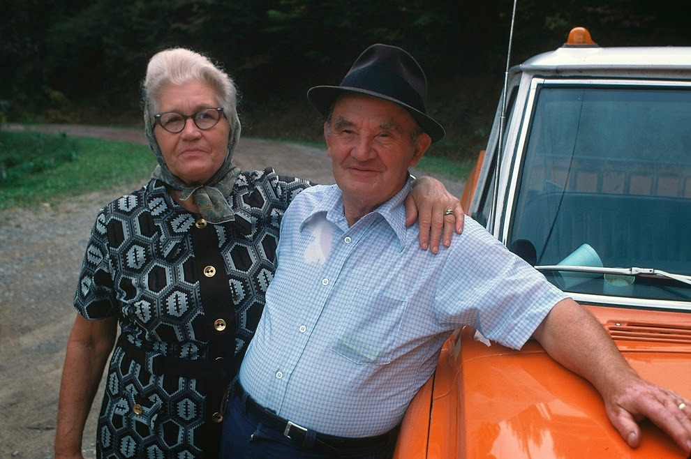 Mr. and Mrs. Berry Howard of Cumberland, Kentucky, and the new truck he just bought with some of his black lung payments, 1974