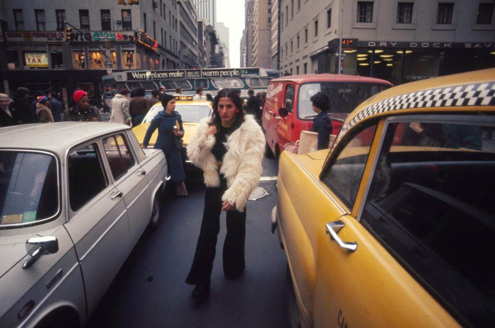 Midtown traffic congestion and jaywalking pedestrians, New York, New York, 1973