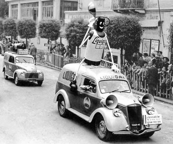 Lancia van with the silhouette of Liquigas's puppet/GPL gas cylinder during the 34th Giro d'Italia
