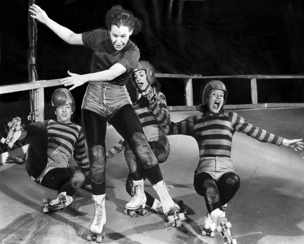 Pileups occur when some of the ladies are brash enough to attempt a scoring drive, where helmets may be flung off and the wooden wheel contest might turn into a hair-pulling match, 1940s