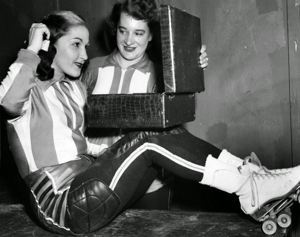 Mary Lou Palermo and Midge “Toughie” Brasuhn were teammates for the Jersey Jolters and did hair and make-up before a smash-mouth playoff match in Chicago, 1950s