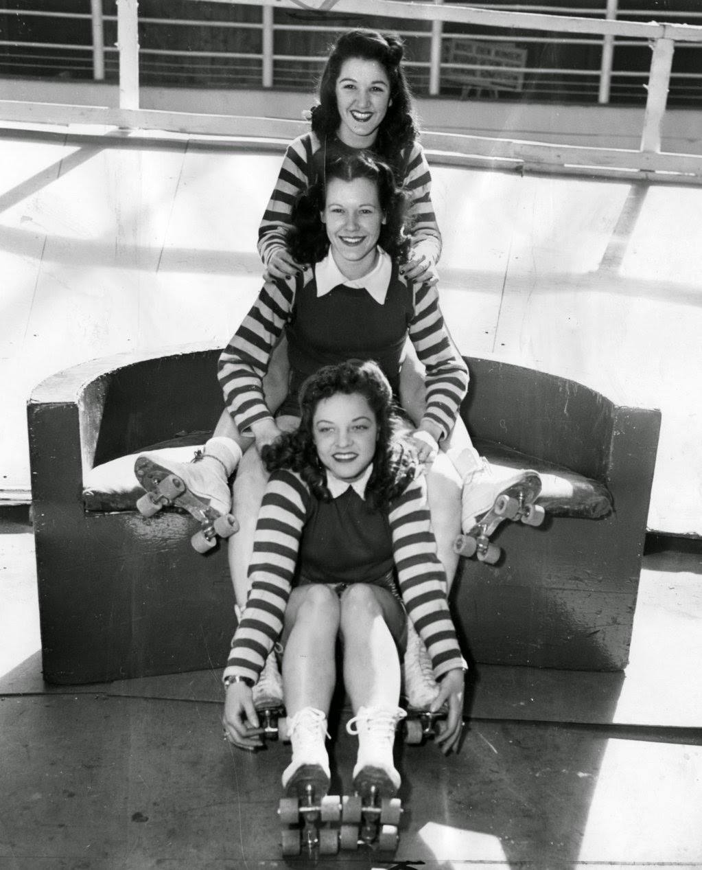 Mary Lou Palermo, Gerry Murray, and Katy King represented Chicago at the roller derby tournament which opened at the Coliseum in Chicago, 1940s