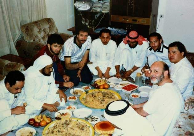 Osama Bin Laden (C, top) having a meal with fellow judo members in Riyadh, as identified by Taiwanese judo coach Jimmy Wu (2nd R)